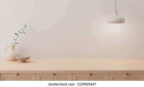 Minimal Cozy Counter Mockup Design For Product Presentation Background. Branding In Japan Style With Bright Wood Counter And Warm White Wall With Vase Plant Bowl Lamp. Kitchen Interior