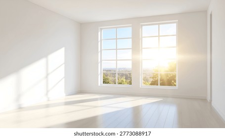 Minimal empty interior with sunlight streaming through large windows and clean white walls spacious bright room ideal for real estate staging architecture and copy space backgrounds