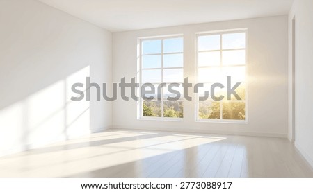 Minimal empty interior with sunlight streaming through large windows and clean white walls spacious bright room ideal for real estate staging architecture and copy space backgrounds
