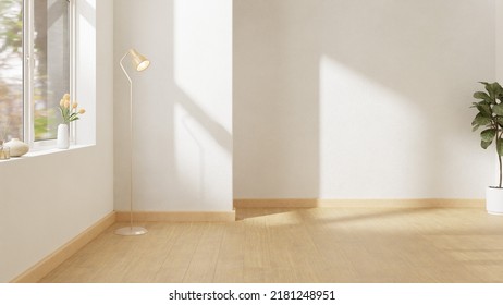 Minimal Empty Room Background Mockup For Product Presentation, Fashion Or Branding With Cozy Soft Sunlight, White Concrete Wall, Wood Floor, Ceramic Vase, Tulip Flower, Lamp, Natural Plant.