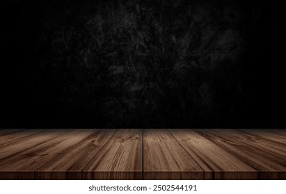 Minimal Empty room Dark texture background with wooden table