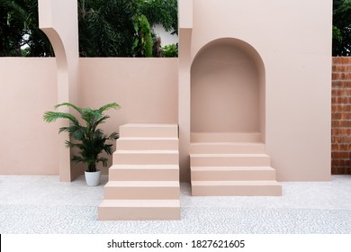 Minimal empty space scene with pink painted wall and little step with arc  for photoshoot in natural light scene / studio concept / rose pink theme / outdoor studio / modern minimal style - Shutterstock ID 1827621605