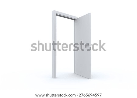 Minimal flat design open white door is standing in seamless white backdrop with silver handle. Minimalist, abstract, modern, clean, space, architecture, neutral