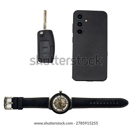 Minimal flat lay composition featuring smartphone, wristwatch and car key isolated on white background. Modern everyday carry accessories arranged in clean geometric style with copy space and top view perspective.
