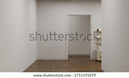 Minimal home interior with empty wall, doorway, wooden floor, and modern living room 3D render.