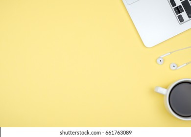 Minimal Home Office Desk. Top View Shot. Freelancer Workplace Concept