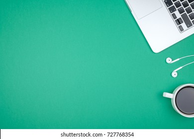 Minimal Home Office Desk. Top View Shot. Freelancer Workplace Concept