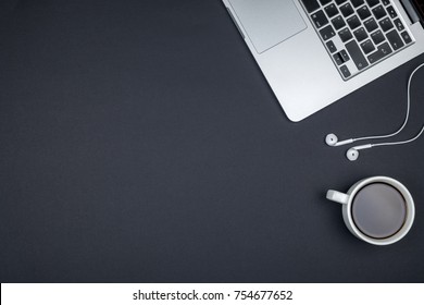 Minimal Home Office Desk. Top View Shot. Freelancer Workplace Concept