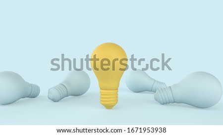 Minimal idea creativity inspiration concept. Yellow bulb outstanding on blue pastel background - 3d illustration.