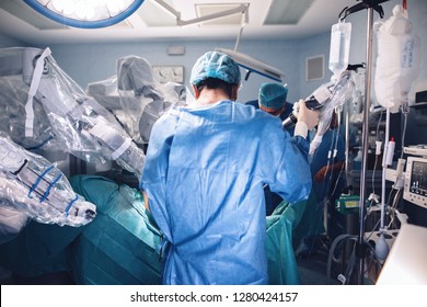 Minimal invasive robot surgical system in hospital. Robotic technology equipment, machine arm surgeon in futuristic operation room. Medical inovation 3D view endoscopy for robot surgery in healthcare