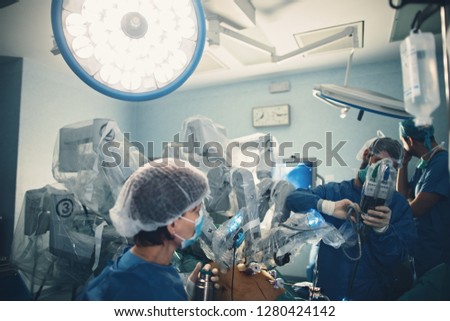 Minimal invasive robot surgical system in hospital. Robotic technology equipment, machine arm surgeon in futuristic operation room. Medical inovation 3D view endoscopy for robot surgery in healthcare
