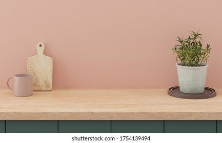 Minimal kitchen interior mock up design for product presentation background or branding concept with green counter bright wood top and pink wall include vase with plant chopping block and glass - Shutterstock ID 1754139494