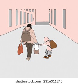 Minimal line art vector-style image of homeless mother and child with backpack shopping bags sidewalk city building