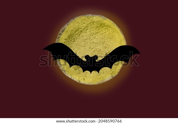 Minimal midnight dark concept. A bat flying against full\
magical moon. Mystery and glow moonlight night terrifying\
arrangement. 