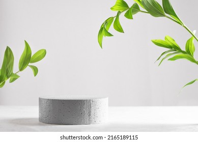 Minimal modern product display on light gray background, copy space. Concrete empty podium and green leaves. Concept scene stage showcase for cosmetic product, skin care product presentation. - Shutterstock ID 2165189115
