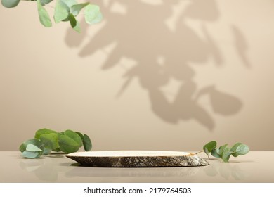 Minimal modern product display on neutral beige background. Wood slice podium and green leaves. Concept scene stage showcase for new product, promotion sale, banner, presentation, cosmetic - Shutterstock ID 2179764503