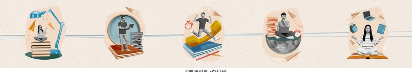 Minimal multiple panorama collage of young people enjoy studying remote use laptop do homework read books isolated on beige color background