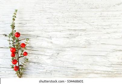 Minimal, Natural Christmas Decoration On Rustic, White, Wooden Table, Green Thyme Branches, Christmas Red Berries, Top Shot,  Space For Text