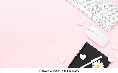 Minimal Office Desk Table With Heart Paper Clip, Keyboard Computer, Mouse,  Cotton Flowers, Eraser On A Pink Pastel Table With Copy Space For Input Your Text, Valentine Day Concept, Flat Lay, Top View