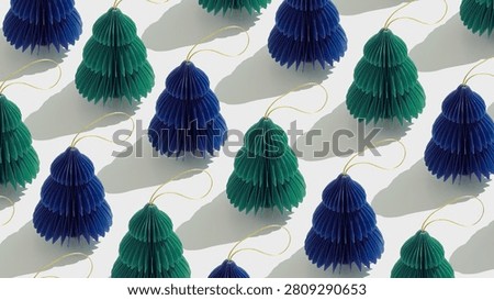 Minimal pattern of blue green paper Christmas ornaments shaped fie tree on white, stylish holidays banner. Festive texture backdrop of paper Honeycomb baubles. Christmas and New Year concept.