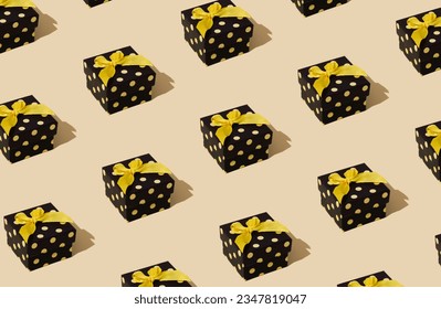 Minimal pattern composition background of yellow and black Christmas gift box. New Year concept. Trendy present pattern background idea.