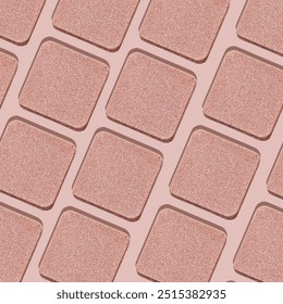 Minimal pattern eye shadow glitter pink swatches with shadow, monochrome photo as background, refill compact eyeshadow, shiny colored powder fo makeup, square shape metal pack, beauty cosmetic texture