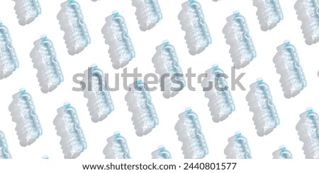 Minimal Pattern from Plastic bottles water at sunlight with shadow on white, aesthetic top view. Distilled drinking water. Pollution, environmental protection. Eco trend to reduce disposable plastics