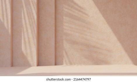 Minimal product placement background with palm shadow on beige plaster wall. Luxury summer architecture interior aesthetic. Boho home room for product platform stage mockup. - Shutterstock ID 2164474797