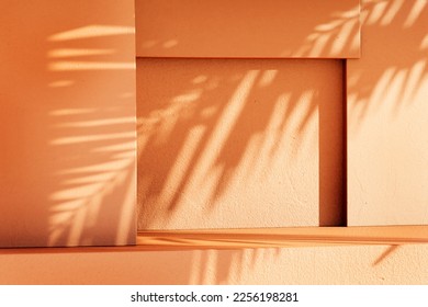 Minimal product placement background with palm shadow on plaster wall. Luxury summer architecture interior aesthetic. Creative boho concept home product platform stage mockup - Shutterstock ID 2256198281