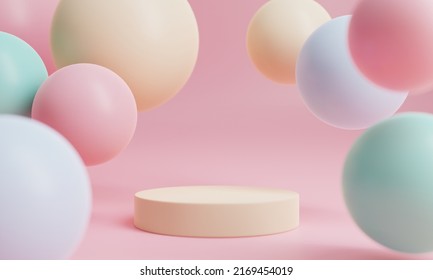 Minimal product podium stage with multicolor pastel color balloons in geometric shape for presentation background. Abstract background and decoration scene template. 3D illustration rendering - Shutterstock ID 2169454019