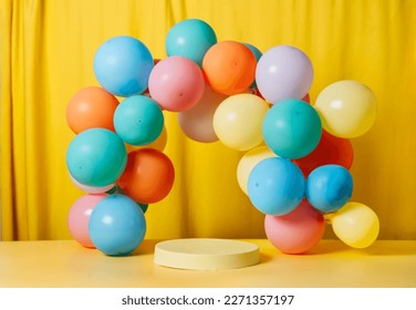 Minimal product podium stage with multicolor pastel color balloons in geometric shape for presentation background. Abstract background and decoration scene template. Easter holidays