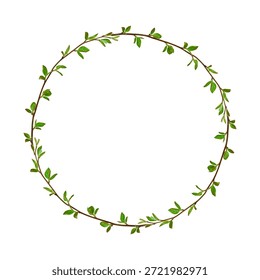 Minimal round wreath made of thin spring branches with fresh green leaves, isolated on white background. Natural botanical frame with copy space for design.