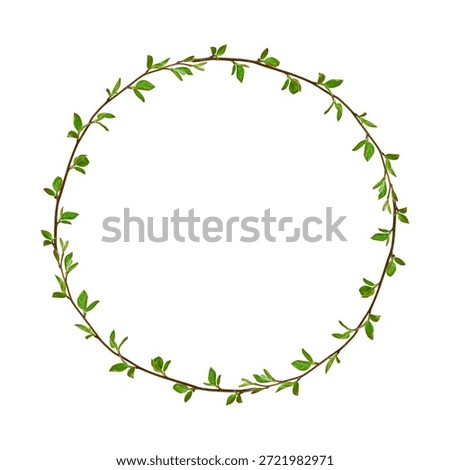 Minimal round wreath made of thin spring branches with fresh green leaves, isolated on white background. Natural botanical frame with copy space for design.