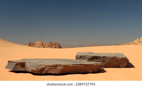 Minimal scene mockup with stone product podium with blur desert background , promotions, cosmetic product showcases. beige colors - Powered by Shutterstock