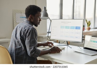 Minimal Side View At Young Black Man Using Computer At Workplace In Office Setting