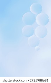 Minimal soft blue Background with translucent bubbles. Minimal and airy composition conveying lightness, calm, skincare, wellness, modern aesthetic, copy space. 