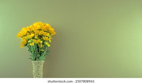 Minimal style, flat lay of bouquet yellow Chrysanthemum flowers, binding with rope on grey background. Genus is in the family Asteraceae. Any celebrations, flat lay with floral concept. Copy space. - Powered by Shutterstock