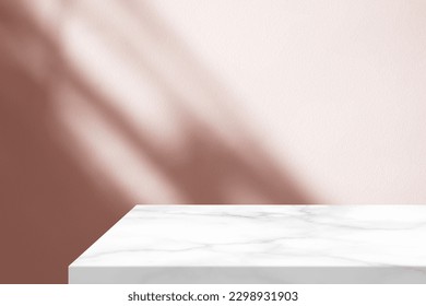 Minimal White Marble Table Corner with Shadow and Pink Light Beam on Concrete Wall Background, Suitable for Product Presentation Backdrop, Display, and Mock up.