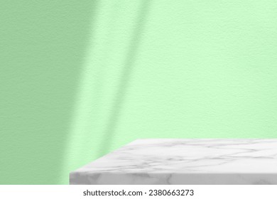 Minimal White Marble Table Corner with Shadow and Palegreen Beam on Concrete Wall Background, Suitable for Product Presentation Backdrop, Display, and Mock up.
