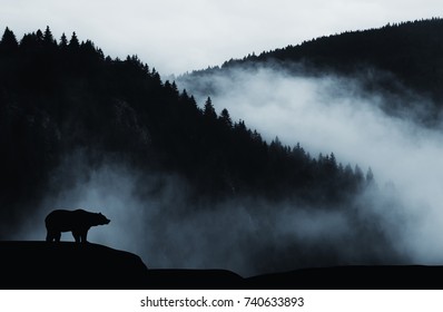 minimal wilderness landscape with bear silhouette and misty mountains
