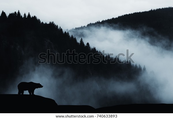 minimal wilderness landscape with bear\
silhouette and misty\
mountains