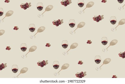 Minimal Wine Tasting Concept With Grapes And Glasses With Red Wine. Creative Wine Tours Pattern.