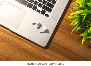 Minimal workspace flat lay featuring wireless earbuds and silver colored laptop with potted plant on a wooden table. Modern desk workspace setup.