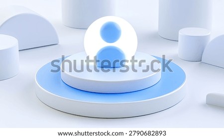A minimalist 3D render featuring a glowing blue human icon centered on a tiered pedestal, surrounded by abstract geometric shapes.