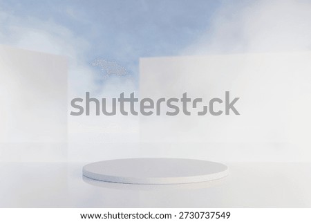 Minimalist 3D render of a white circular podium on a glossy surface against a soft blue sky with clouds. Clean, modern architectural scene for product display, cosmetics, or luxury branding