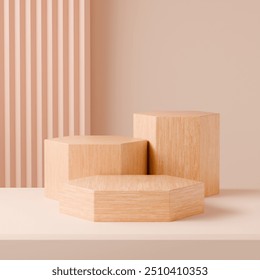 A minimalist 3D rendering of three hexagonal wooden podiums arranged on a neutral background. The podiums have a natural wood texture and are perfect for showcasing products display
