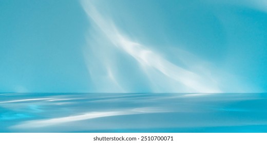 Minimalist abstract light blue background for product presentation. Stylish, panoramic composition with sunlight and abstract shadow or water reflection on wall. 
