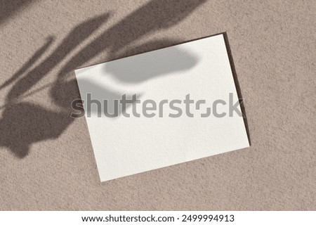 Minimalist aesthetic wedding invitation or postcard template in natural earthy colors, blank white textured paper card mockup on taupe brown table background with floral sunlight shadows, flat lay.