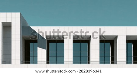 A minimalist architectural facade featuring clean white lines, geometric shapes, and reflective windows against a clear blue sky.