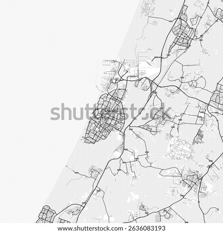 Minimalist Ashdod Area Map with Labels and Neighborhoods with many details for urban roads, paths and disctricts. Nordic design in light map style with black-white and greys